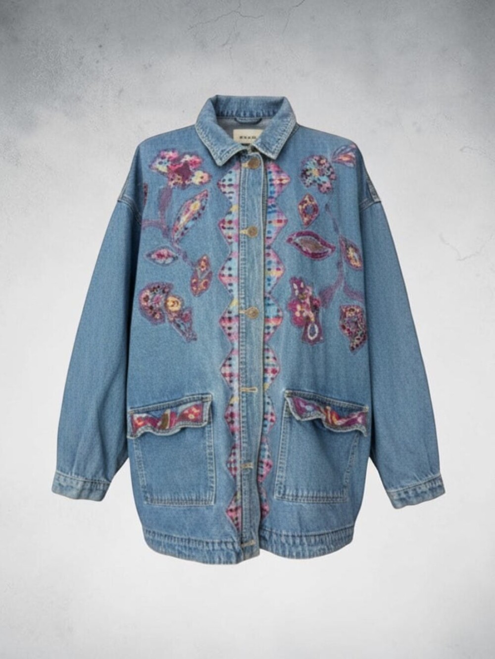 Vtg 90s Carole Little Blue Denim Long Anorak Jacket Multicolor Embroidery Sz 16